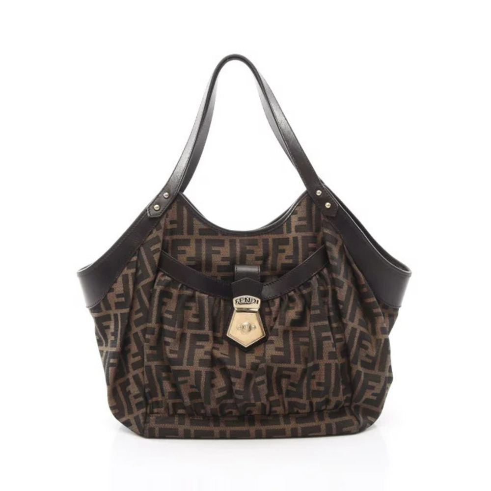 Fendi Zucca Handbag Canvas Leather Beige Cream Brown Black
